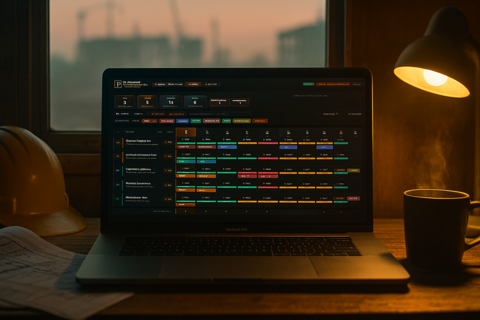Planning Ops Place & Finish Hub at dawn — laptop showing the pour calendar with a canceled pour and notification recipients ready to send