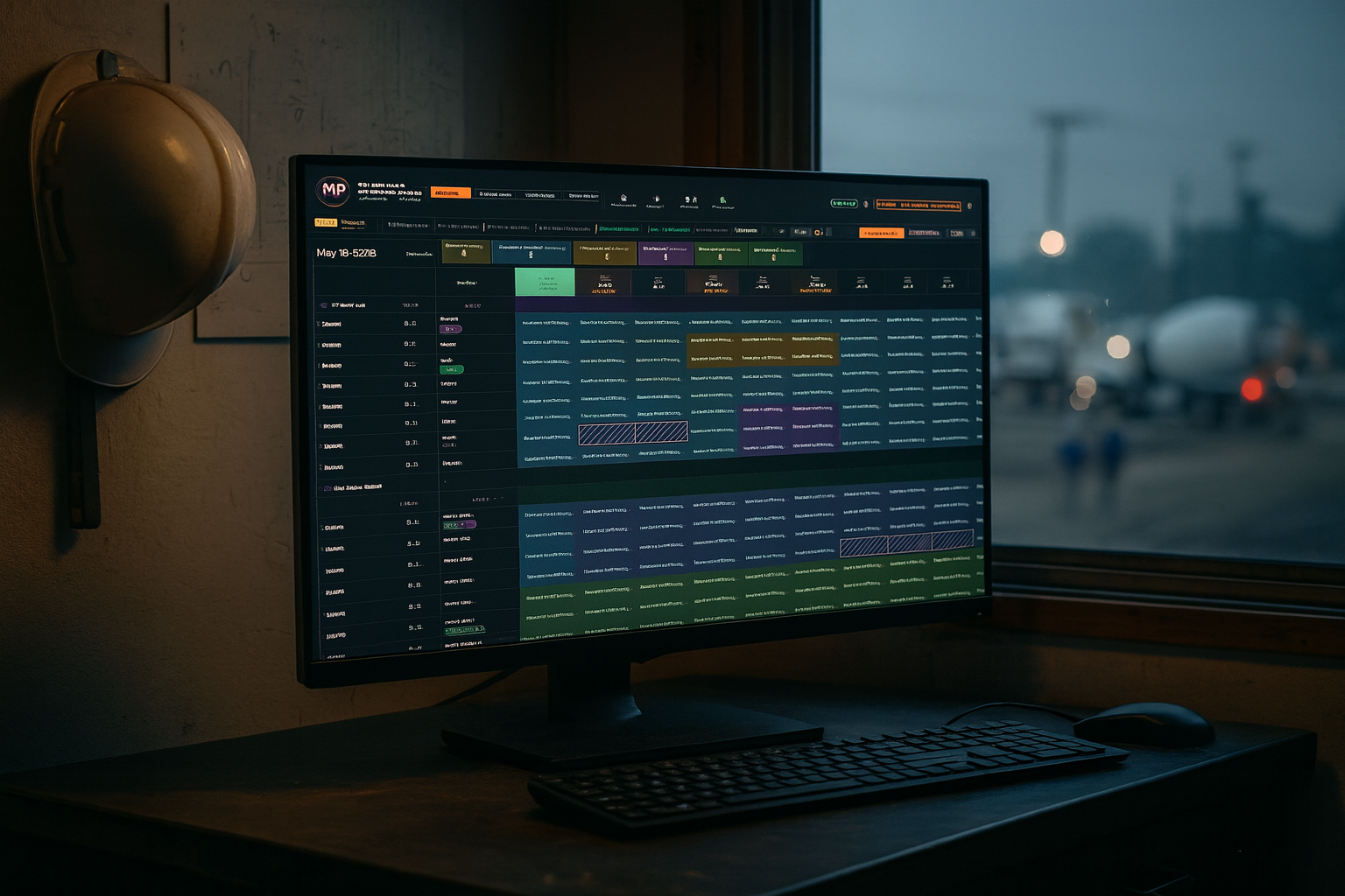 Construction trailer office at dawn with two monitors showing the Manpower Tracker week grid and a hard hat hanging beside the desk