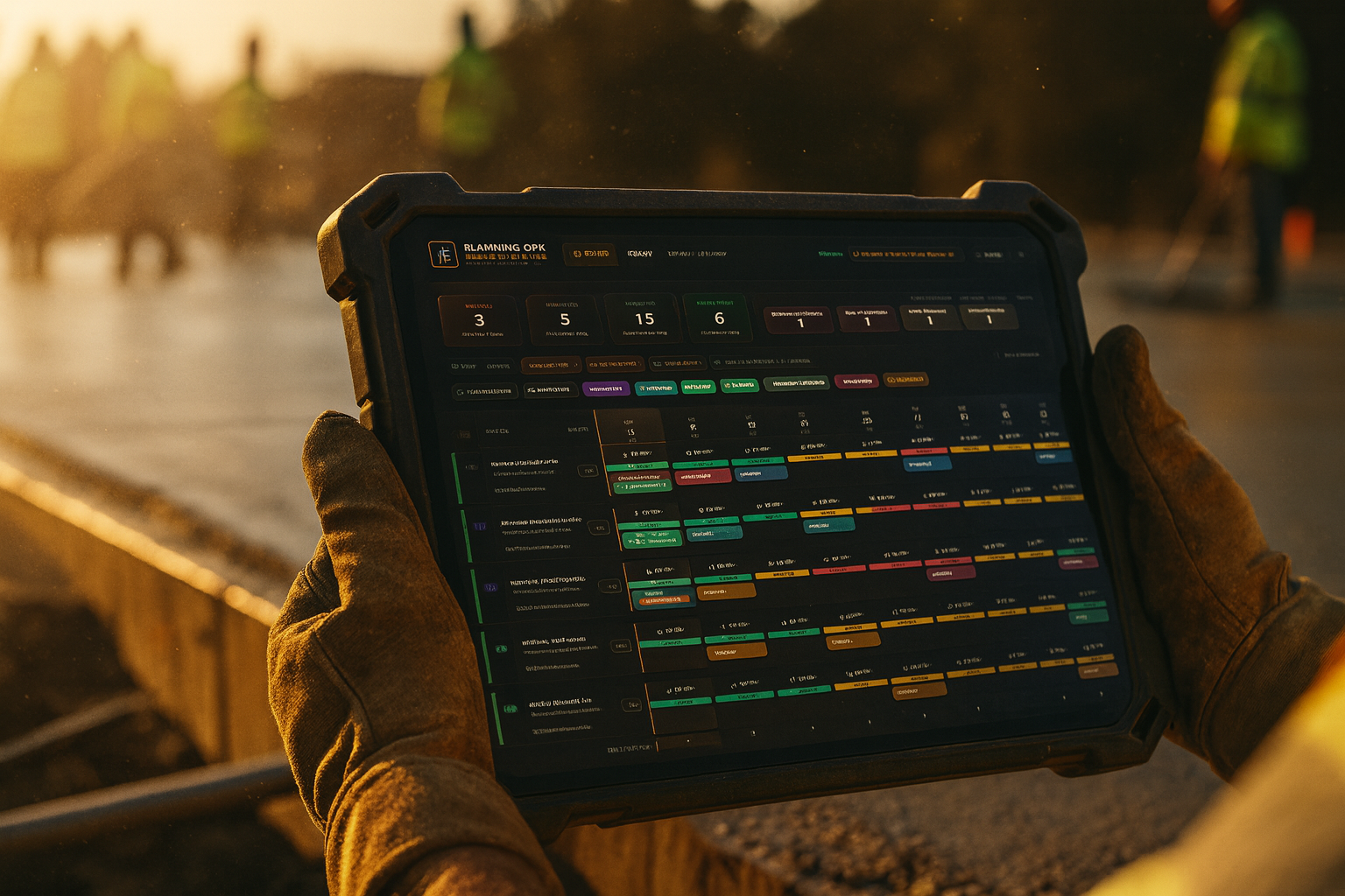 Hand holding a rugged tablet showing the Place & Finish Hub pour calendar at the edge of a freshly screeded concrete slab at golden hour