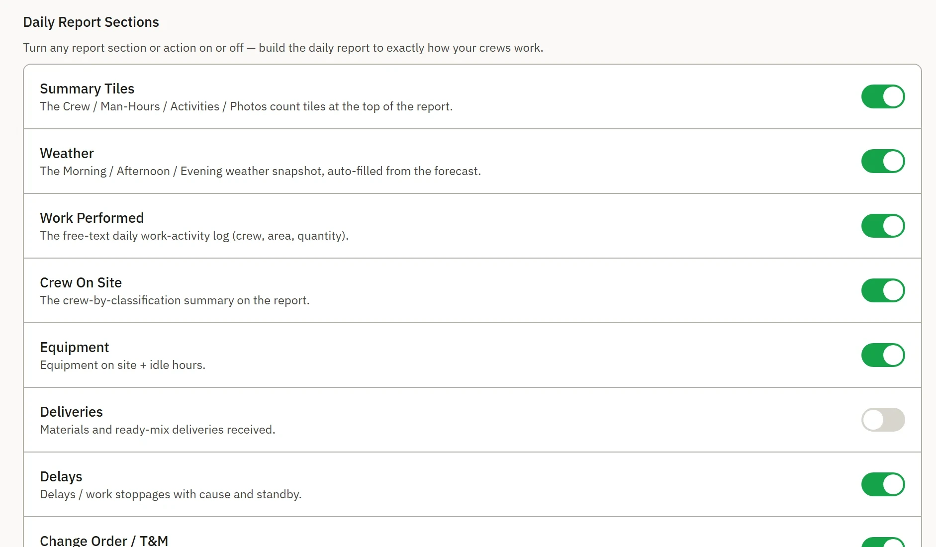 Control Panel — Daily Report Sections, with each section a switch: Deliveries toggled off while the rest stay on.