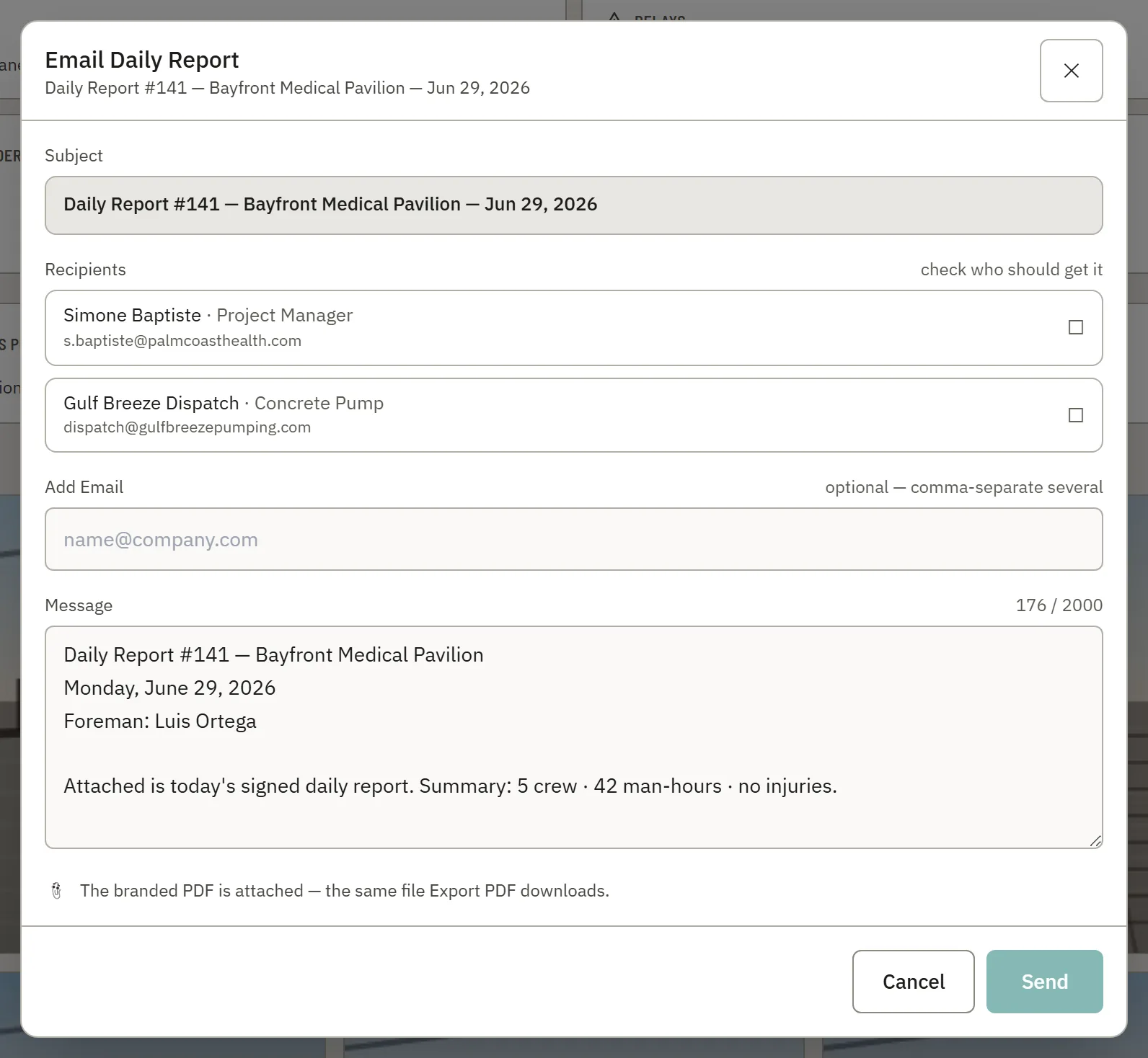 The Email Daily Report dialog — both project contacts checked, a prefilled subject and summary, and the branded PDF attached.