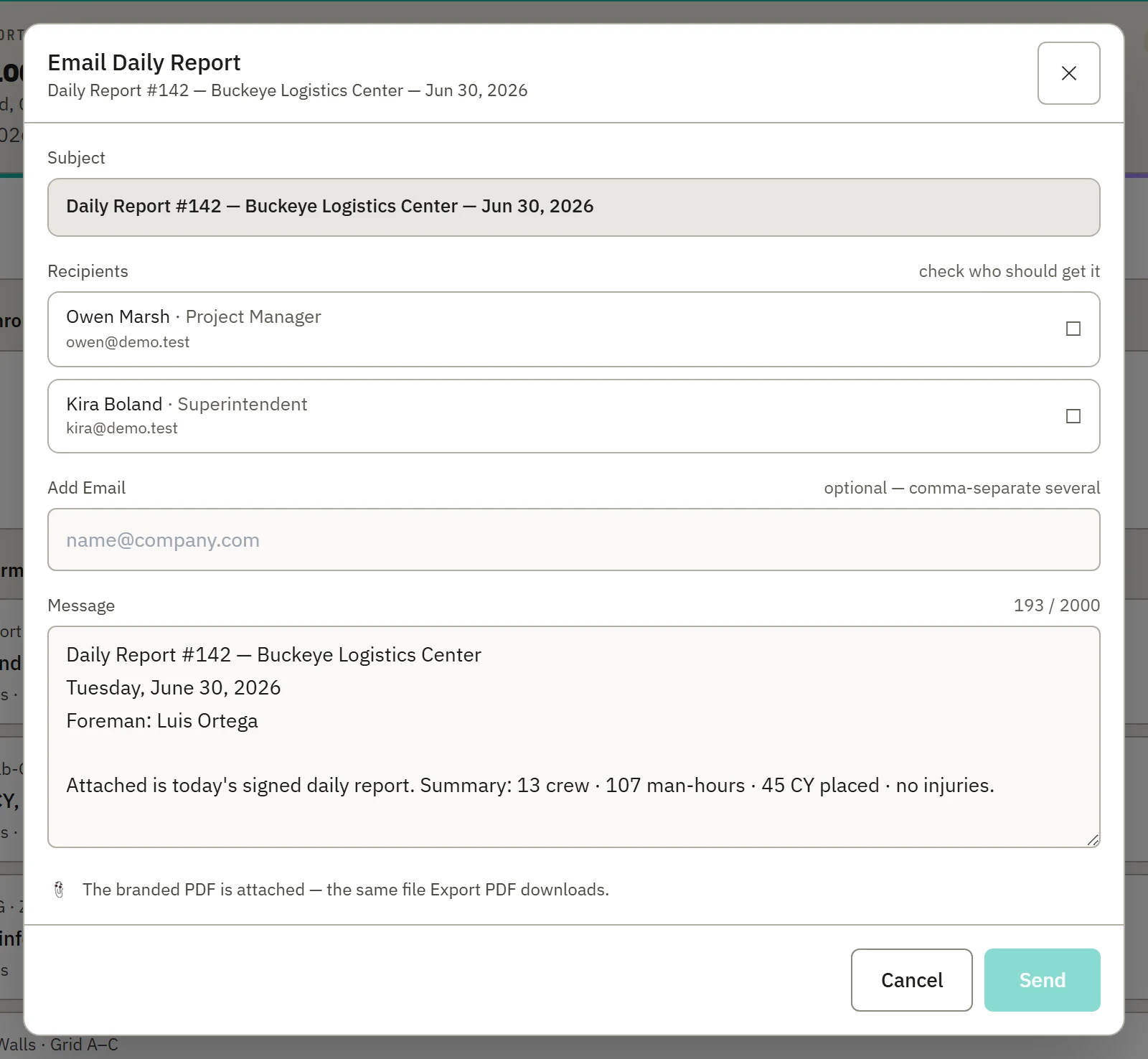 The in-hub Email Daily Report dialog — recipients pulled from the project contacts, a prefilled subject and message, and the branded PDF attached.