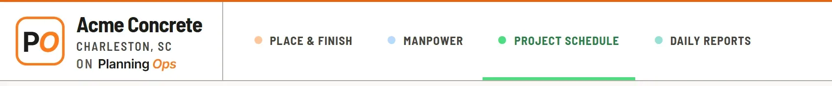 Planning Ops hub top bar showing four tabs: Place & Finish, Manpower, Project Schedule, and Daily Reports.