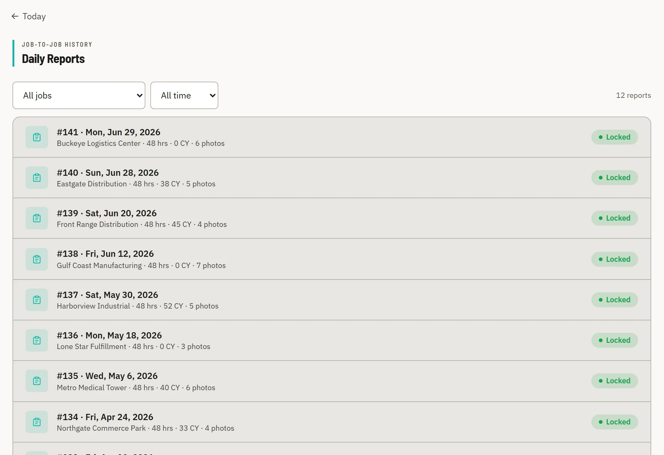 Daily Reports History tab listing filed reports with report numbers, dates, jobs and statuses.
