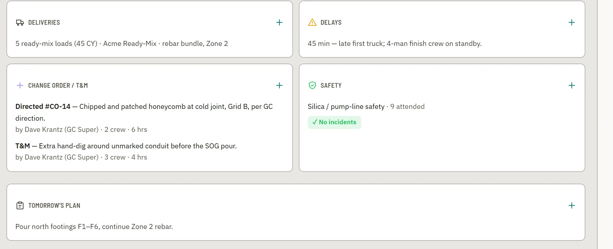 The back half of a daily report — deliveries, a delay with cause and standby count, Change Order / T&M entries, the safety talk, and tomorrow’s plan.
