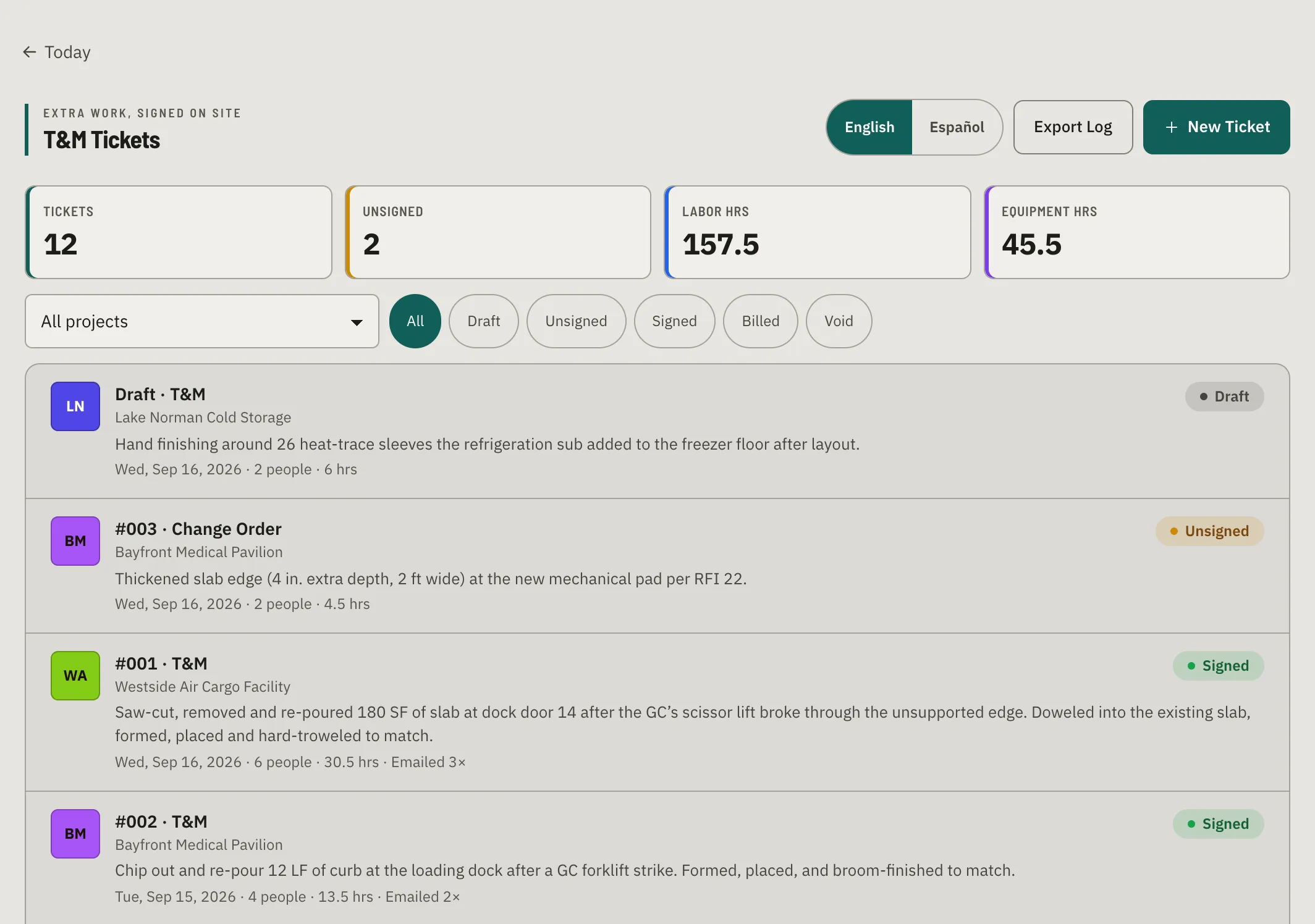 The T&M Tickets log — tiles for tickets, unsigned, labor hours and equipment hours, project and status filters, and tickets across several jobs marked Draft, Unsigned and Signed.