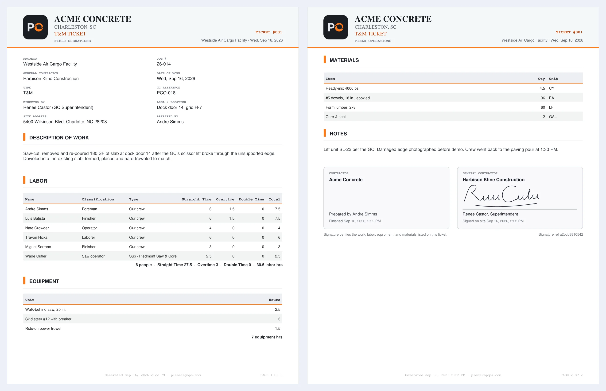 The two-page T&M ticket PDF — ticket #001 for Westside Air Cargo Facility: project, GC and reference, the description of work, labor with Straight Time and Overtime, equipment, materials, notes, and the GC superintendent’s signature.