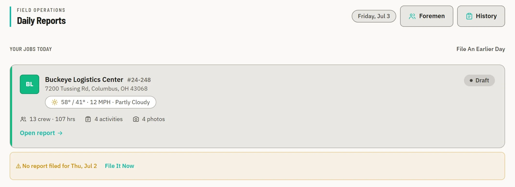 Daily Reports tab showing a foreman's assigned jobs for the day with an Open report button.