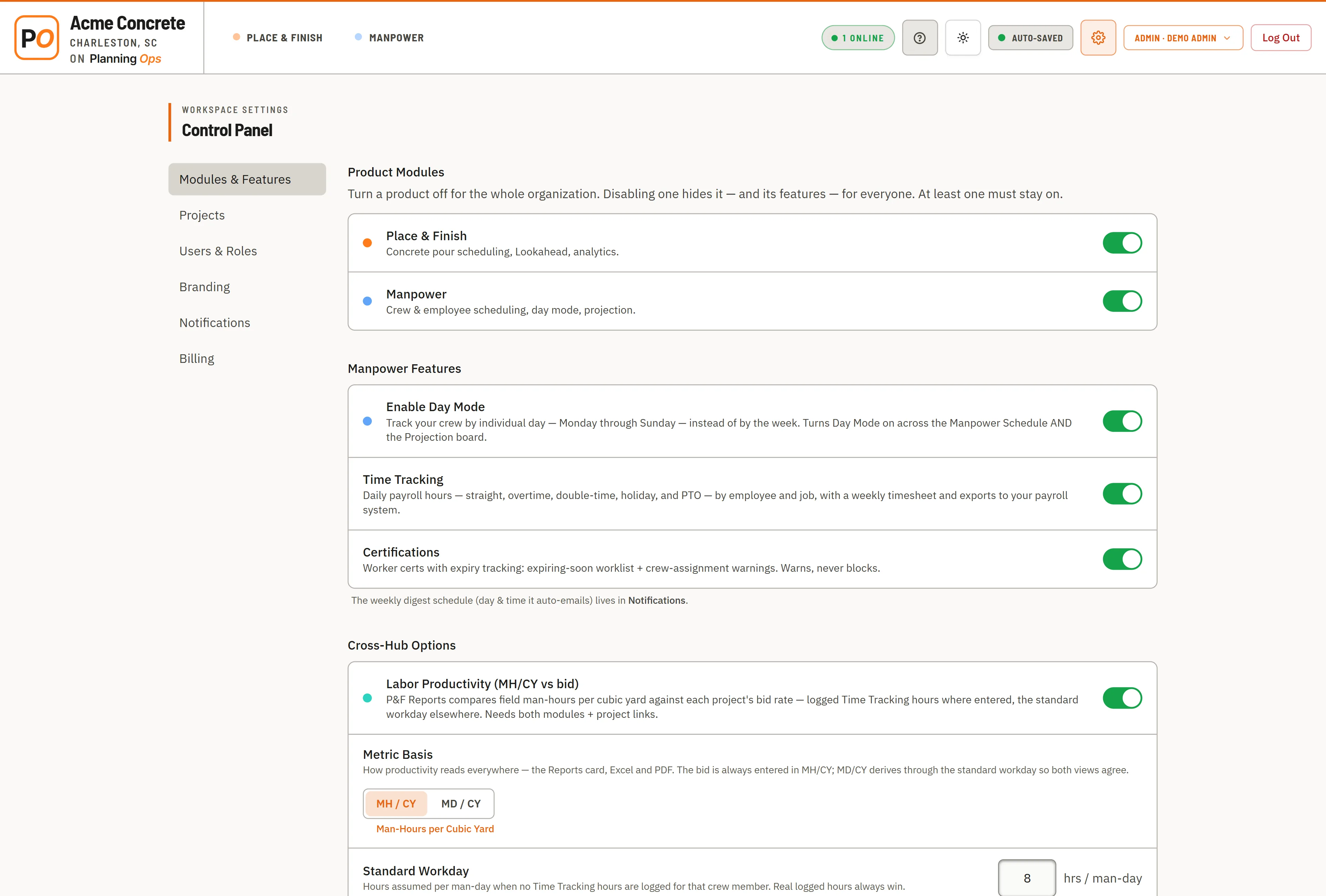 Workspace settings where optional modules and records are configured.