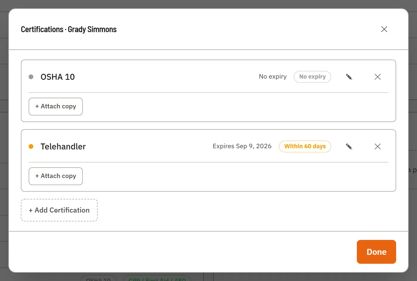A worker’s certification records — each cert with its expiry status, an attach-a-copy button, plus Add Certification.