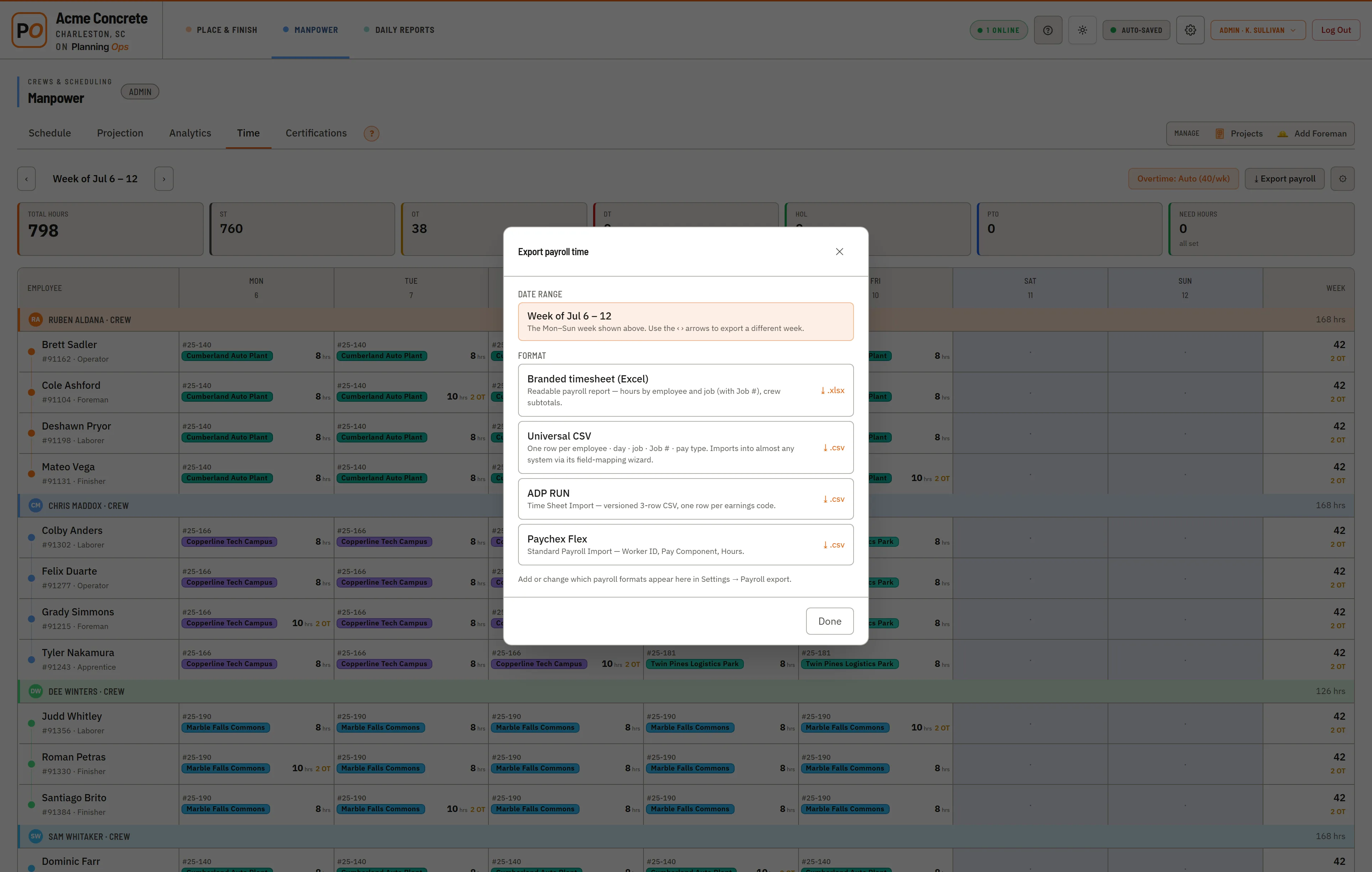 The Export Payroll dialog over the weekly timesheet — Branded Excel, Universal CSV, ADP RUN, and Paychex Flex presets.
