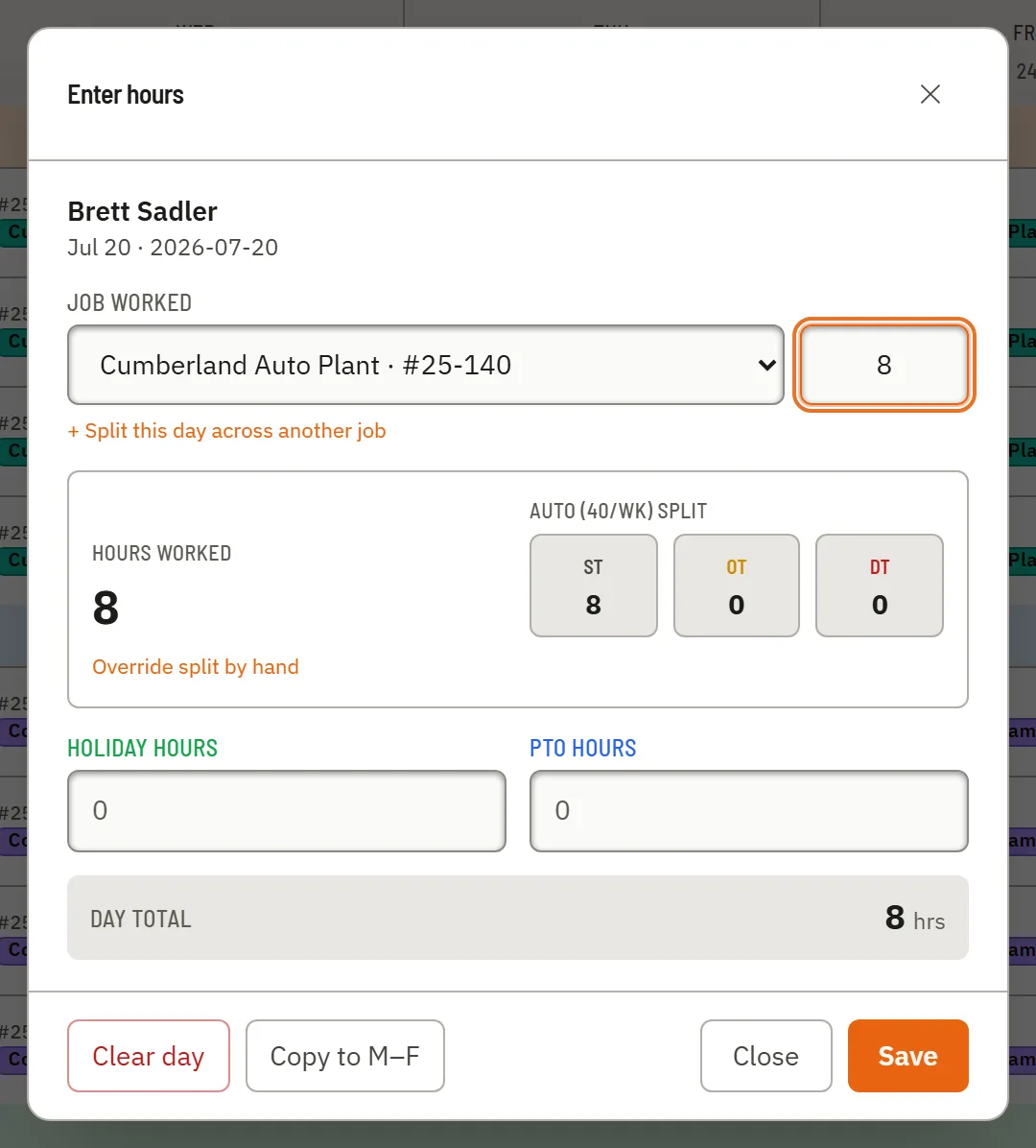The Enter Hours editor — one worker, one day, with the job picker and the automatic ST/OT/DT split.