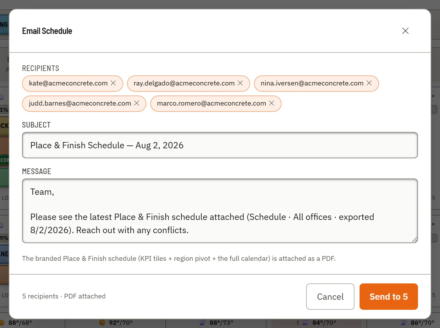 The Email Schedule dialog — recipients picked from the team, a prefilled subject, and the branded schedule attached.