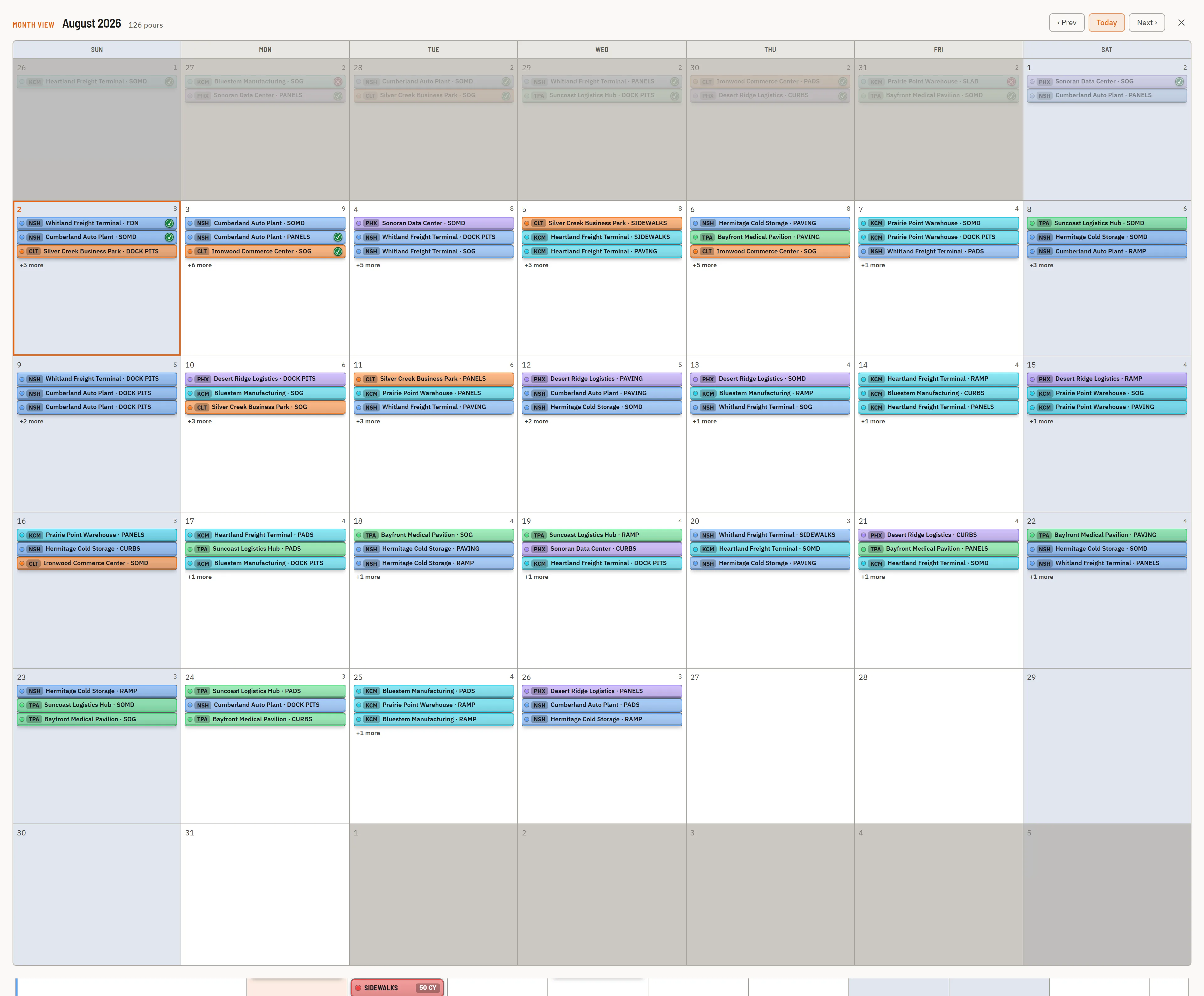 Month view — a full July of color-coded pours across twelve projects, 129 pours in the month.