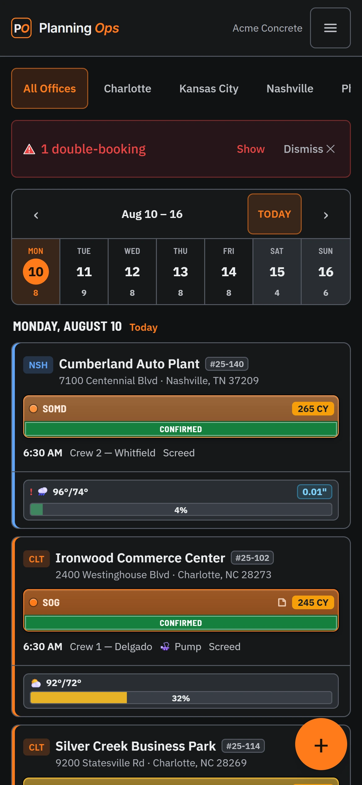 The Planning Ops schedule on an iPhone — a double-booking warning, the week strip with a pour count under each day, and Monday’s pours: Cumberland Auto Plant, 265 CY, confirmed, Crew 2 at 6:30 AM with the day’s forecast.