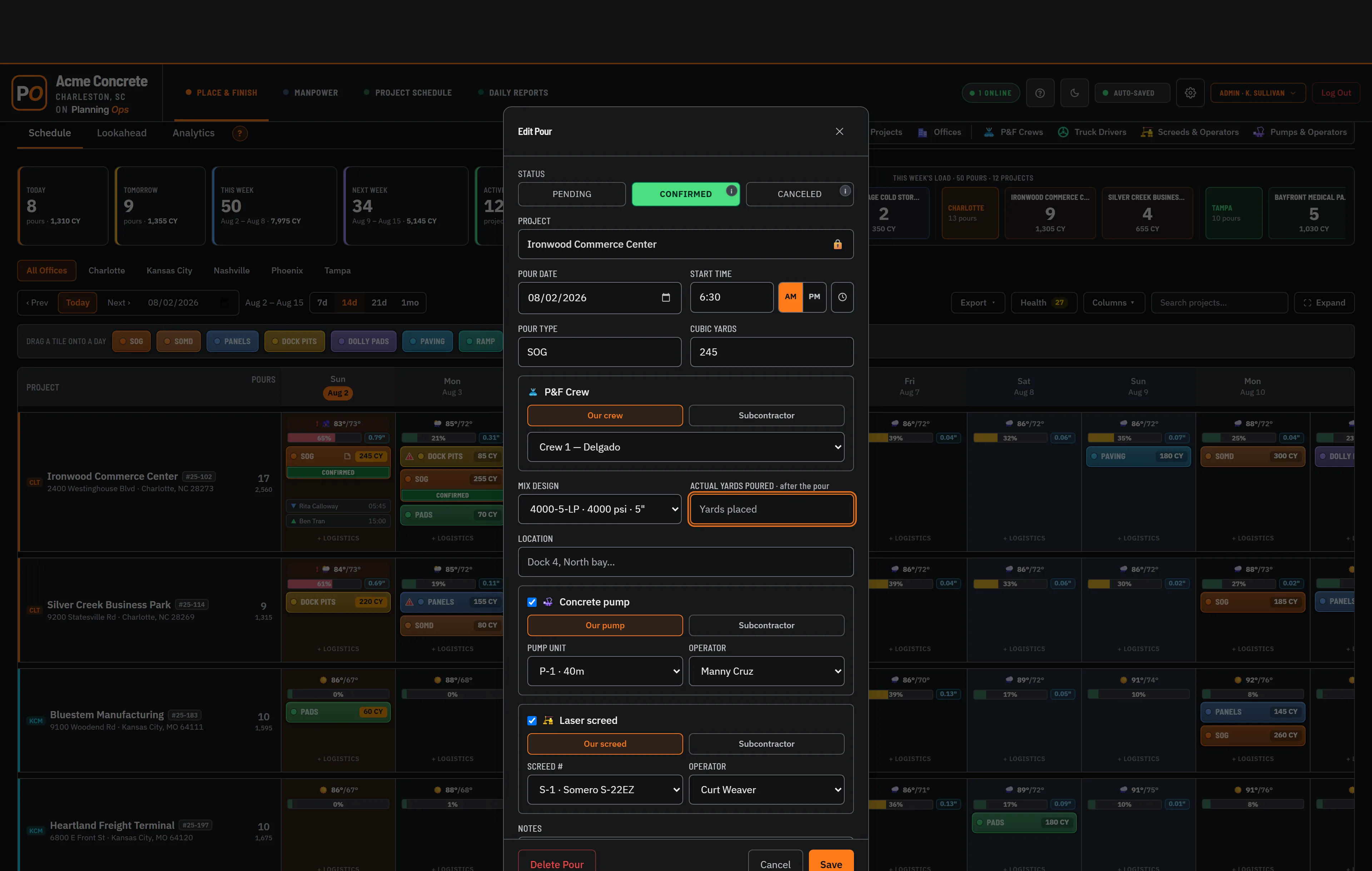 The Edit Pour card over the live board — confirmed status, crew, mix, pump and screed, and the four project contacts who get the notice.