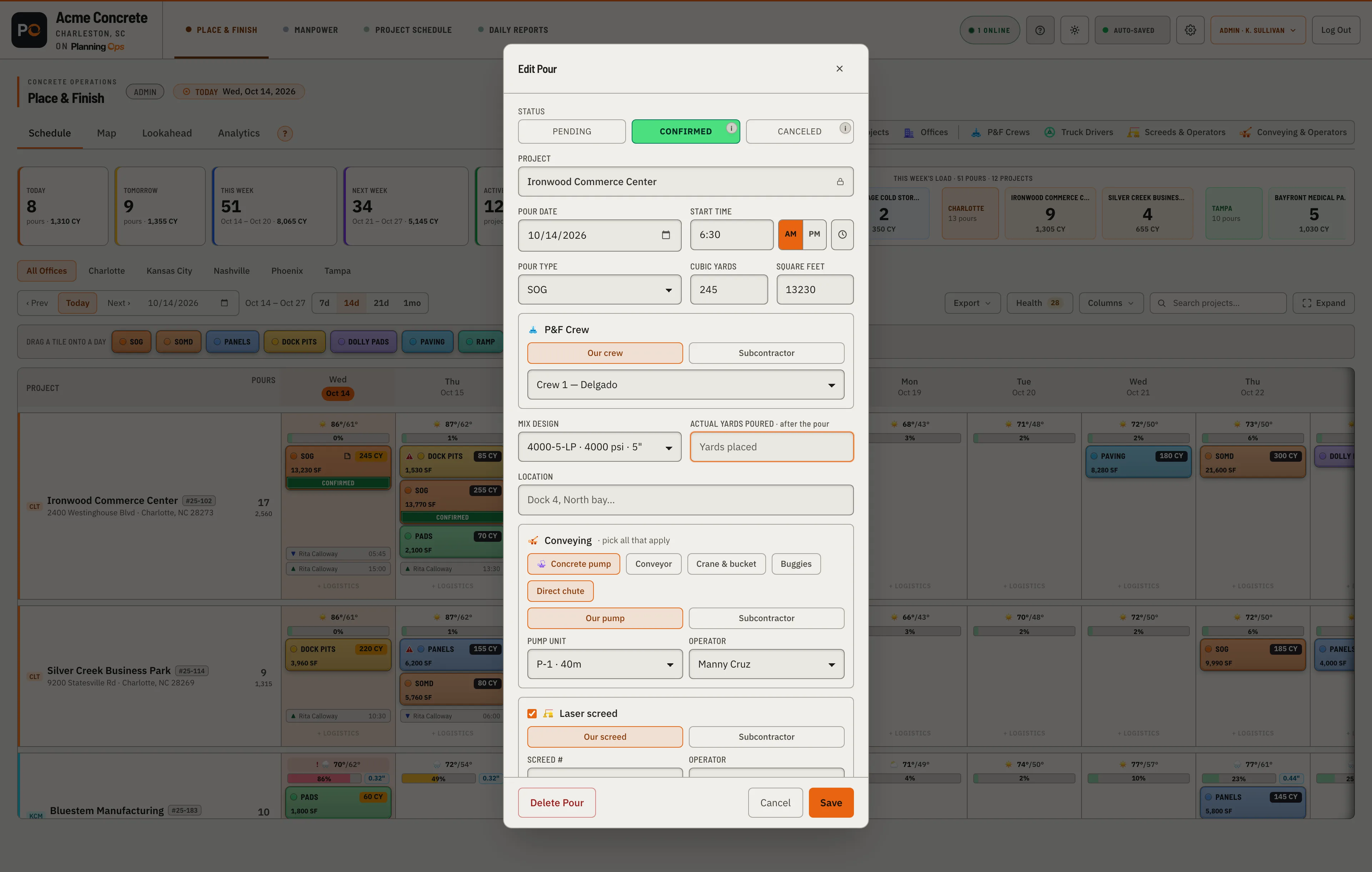 The Edit Pour card over the live board — confirmed status, crew, mix design, the Conveying chips with the pump unit and operator, and the laser screed.