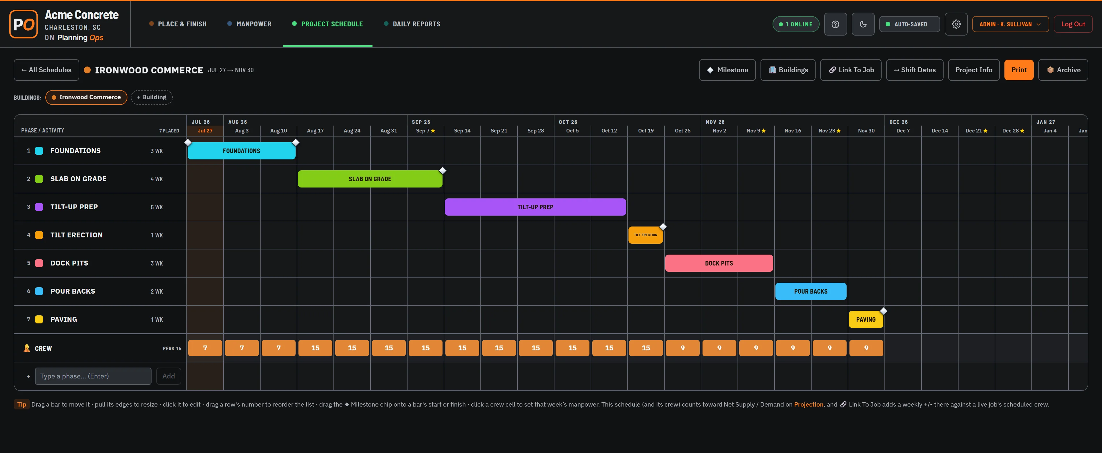The Project Schedule page open on a job — the phase rail on the left, seven color-coded phase bars stepped across the week calendar with milestone diamonds on their edges, and a crew row showing the men planned for each week.