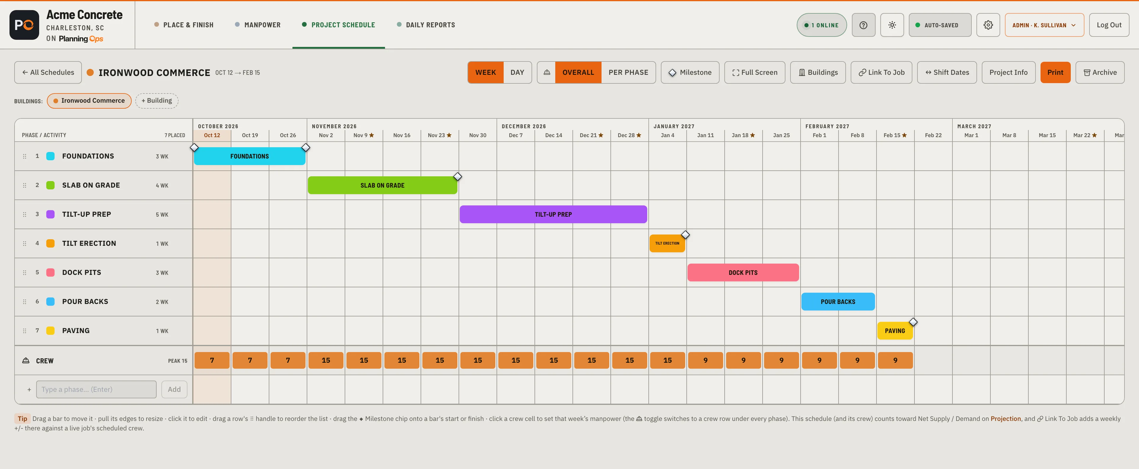 The Project Schedule page open on a job — the phase rail on the left, seven color-coded phase bars stepped across the week calendar with milestone diamonds on their edges, and a crew row showing the men planned for each week.
