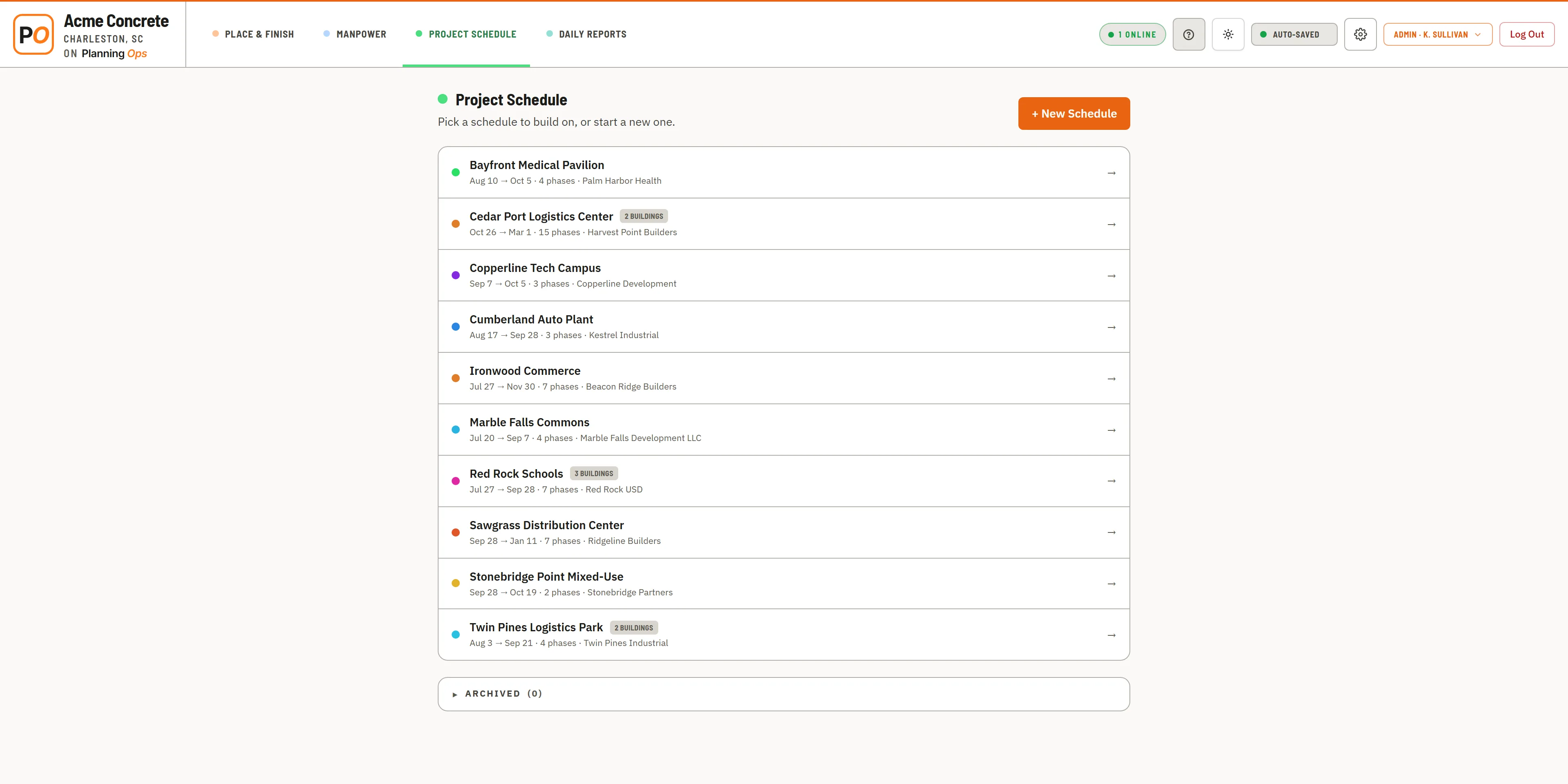 The Project Schedule list — one quiet row per job with its color dot, date range, phase count and client, buildings-count chips on the linked jobs, and a New Schedule button.