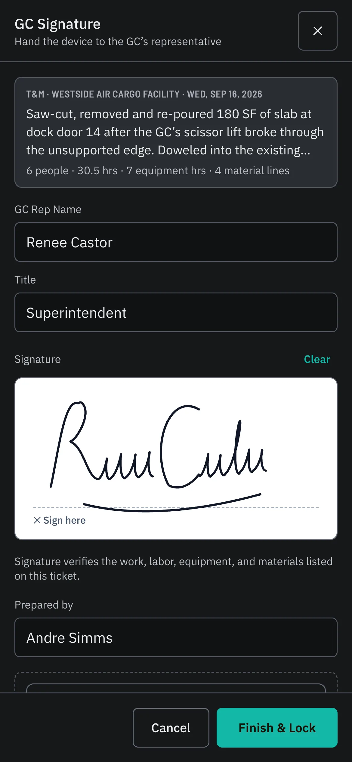 Planning Ops for iPhone — the GC Signature sheet for a T&M ticket at Westside Air Cargo Facility, with the superintendent’s name, title and finger-drawn signature, and Finish & Lock.