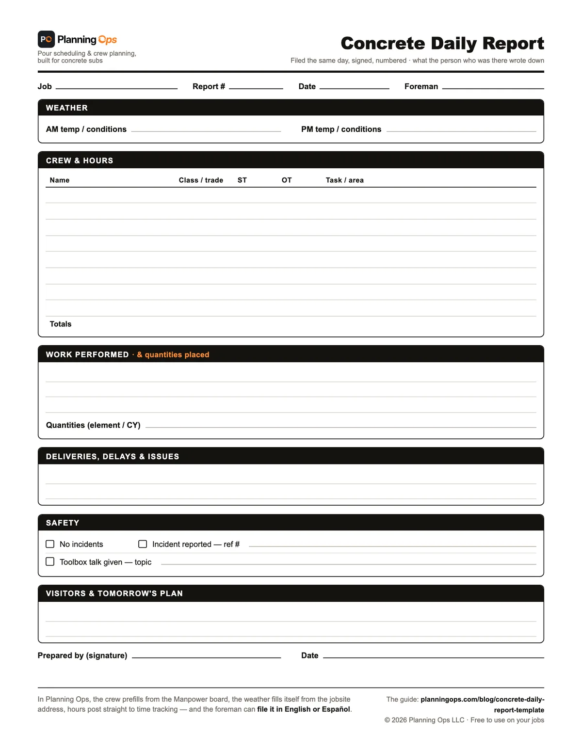 Free concrete daily report template, printable PDF: weather morning and afternoon, an eight-row crew and hours grid, work performed and quantities, deliveries and delays, safety and toolbox talk, visitors, tomorrow's plan, signature