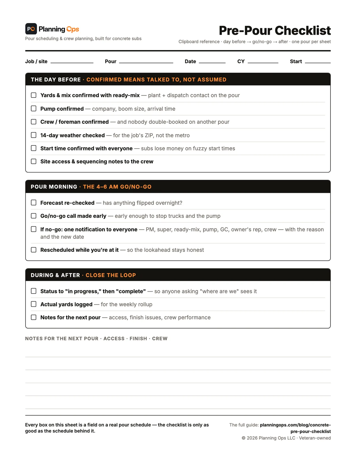 Free concrete pre-pour checklist, printable PDF: the day-before confirmations, the pour-morning go/no-go, and the during-and-after items as check boxes, with a fill-in job row and notes area