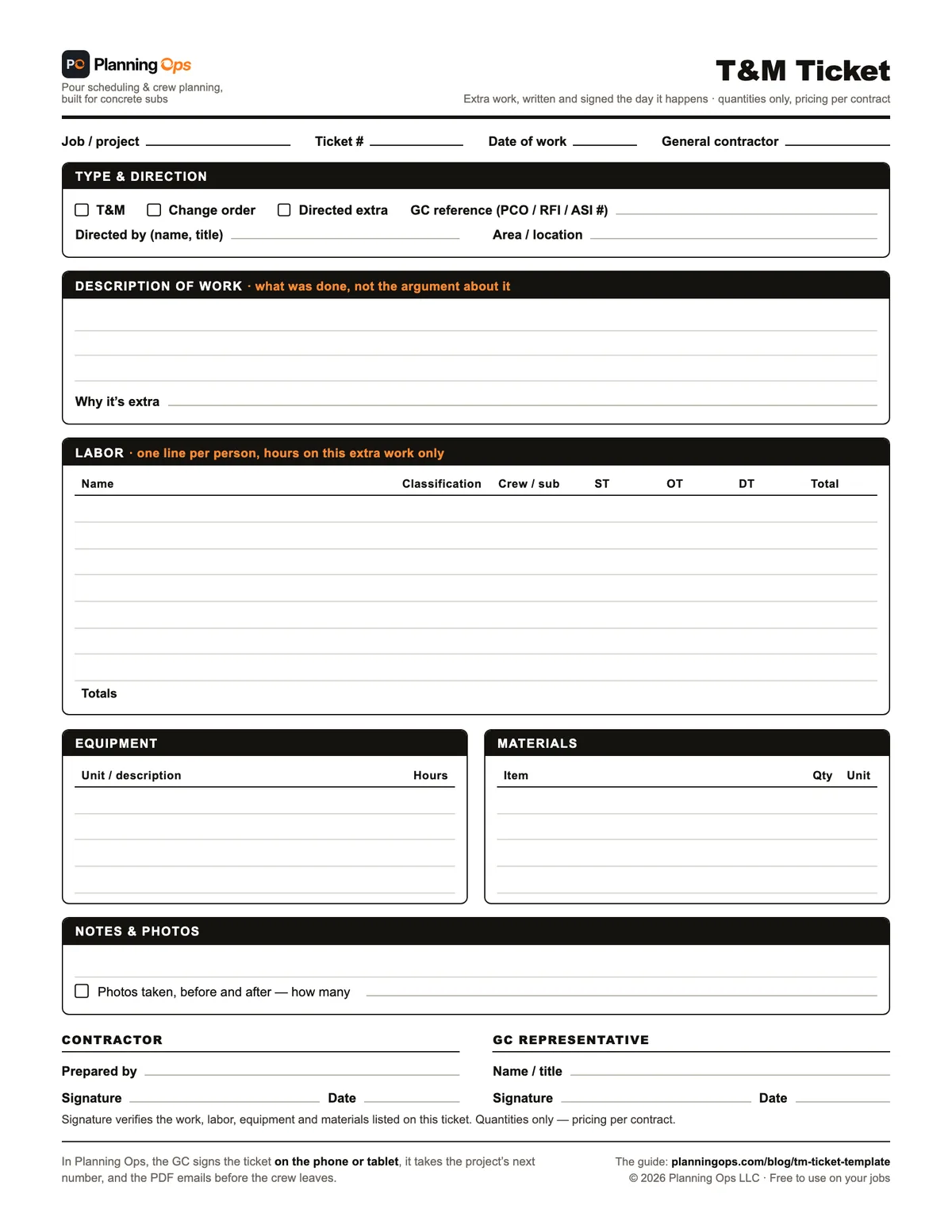 Free T&M ticket template, printable PDF: ticket number and date, type of extra work, who directed it and the GC reference, description and why it’s extra, a labor table with straight time, overtime and double time, equipment and materials, photos, and contractor and GC signature blocks