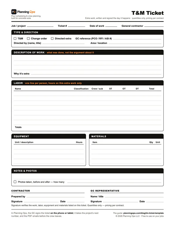 Free T&M ticket template, printable PDF: type of extra work and who directed it, description, labor with straight time, overtime and double time, equipment, materials, and contractor and GC signatures