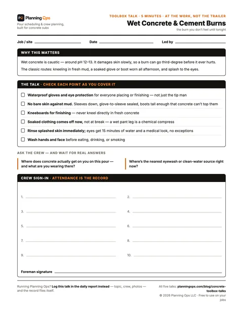 Wet concrete and cement burns — free printable concrete toolbox talk, one page with talk points, crew questions and a sign-in block