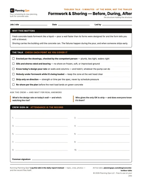 Formwork & shoring — before, during, after — free printable concrete toolbox talk, one page with why it matters, six talk points, two questions for the crew, and a sign-in block