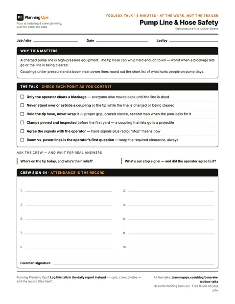 Pump line & hose safety — free printable concrete toolbox talk, one page with why it matters, six talk points, two questions for the crew, and a sign-in block