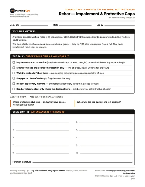 Rebar — impalement & protective caps — free printable concrete toolbox talk, one page with why it matters, six talk points, two questions for the crew, and a sign-in block