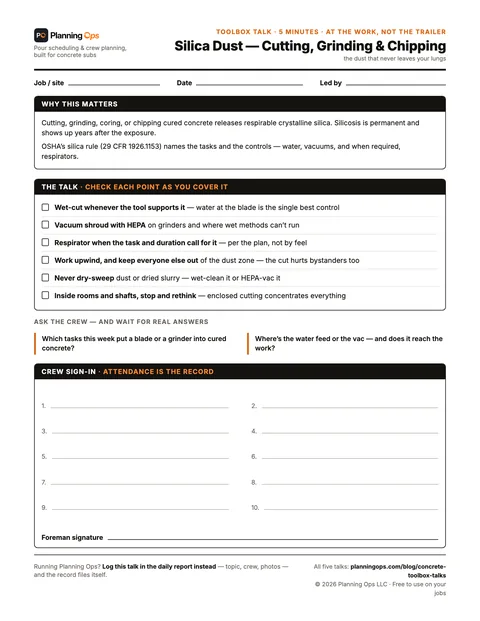 Silica dust — cutting, grinding & chipping — free printable concrete toolbox talk, one page with why it matters, six talk points, two questions for the crew, and a sign-in block